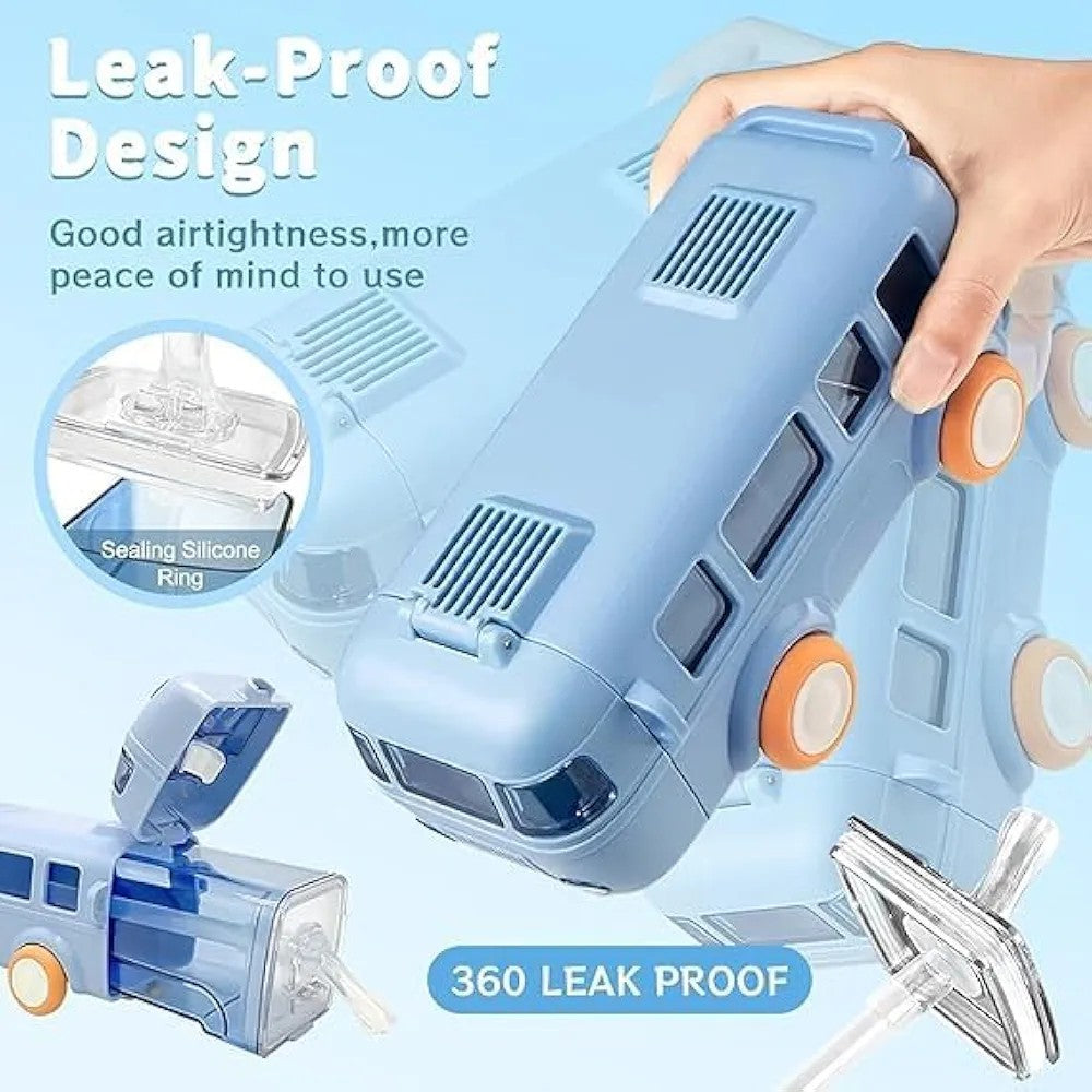 Water Bottle For Kids, Bus Shape Car Water Bottle with Straw For Kids, Portable Kid Water Cup with Shoulder Strap, Cute Car Water Bottles with Movable Wheels, Leakproof