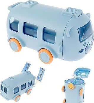 Water Bottle For Kids, Bus Shape Car Water Bottle with Straw For Kids, Portable Kid Water Cup with Shoulder Strap, Cute Car Water Bottles with Movable Wheels, Leakproof