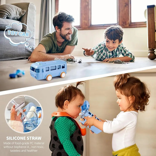 Water Bottle For Kids, Bus Shape Car Water Bottle with Straw For Kids, Portable Kid Water Cup with Shoulder Strap, Cute Car Water Bottles with Movable Wheels, Leakproof