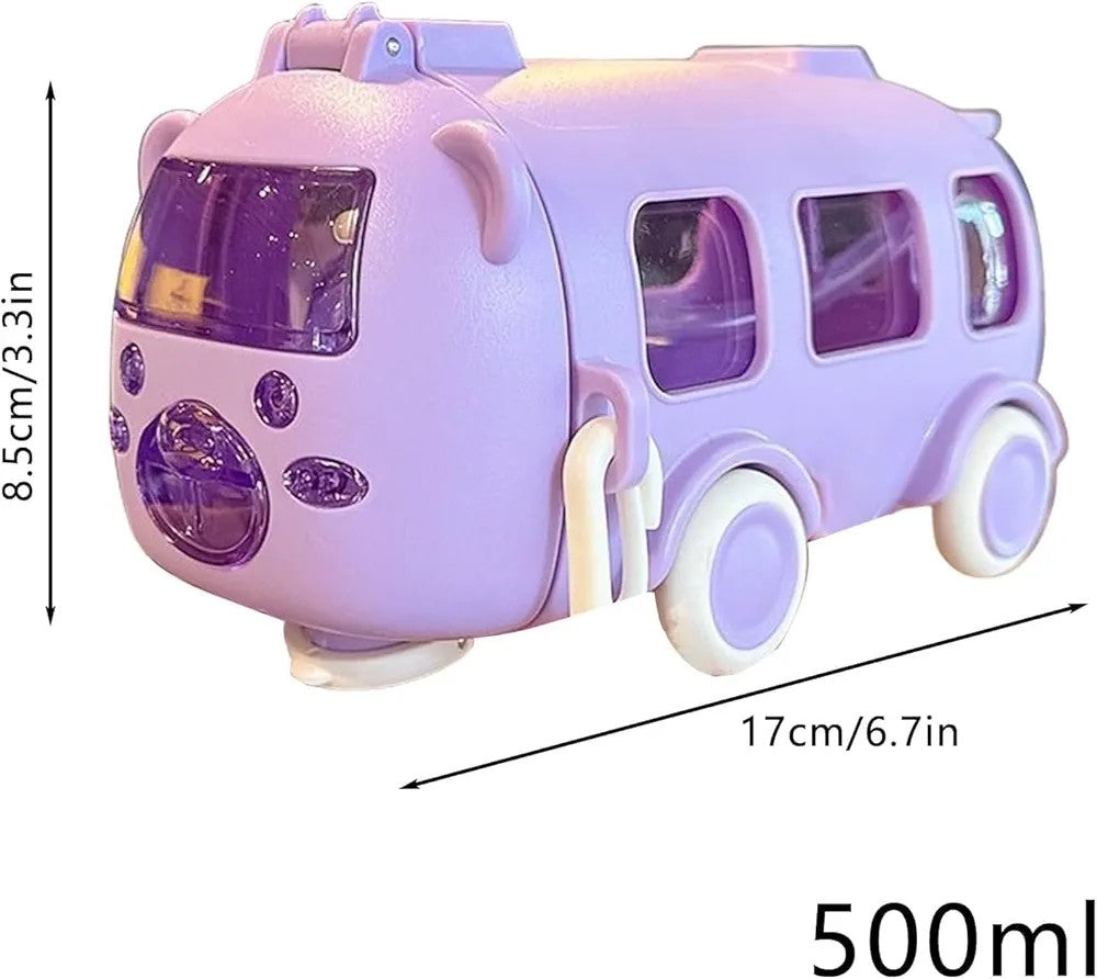 Water Bottle For Kids, Bus Shape Car Water Bottle with Straw For Kids, Portable Kid Water Cup with Shoulder Strap, Cute Car Water Bottles with Movable Wheels, Leakproof