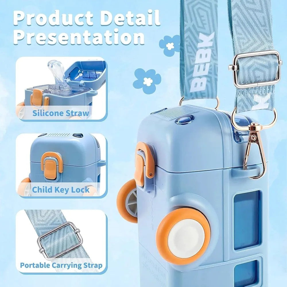 Water Bottle For Kids, Bus Shape Car Water Bottle with Straw For Kids, Portable Kid Water Cup with Shoulder Strap, Cute Car Water Bottles with Movable Wheels, Leakproof