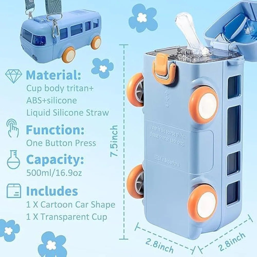 Water Bottle For Kids, Bus Shape Car Water Bottle with Straw For Kids, Portable Kid Water Cup with Shoulder Strap, Cute Car Water Bottles with Movable Wheels, Leakproof