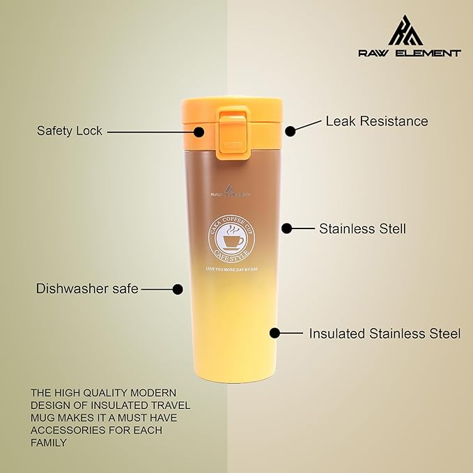 380ml Ceramic-Coated Insulated Coffee Travel Mug | Leak-Proof Vacuum Stainless Steel Cup with Safety Lock Lid | BPA-Free, Dishwasher Safe, Thermal Tumbler for Hot &amp; Cold Beverages (Yellow)